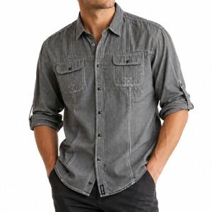Marc Ecko Cut & Sew Shirt Men XL Black White Check Utility Button Down Roll Tabs